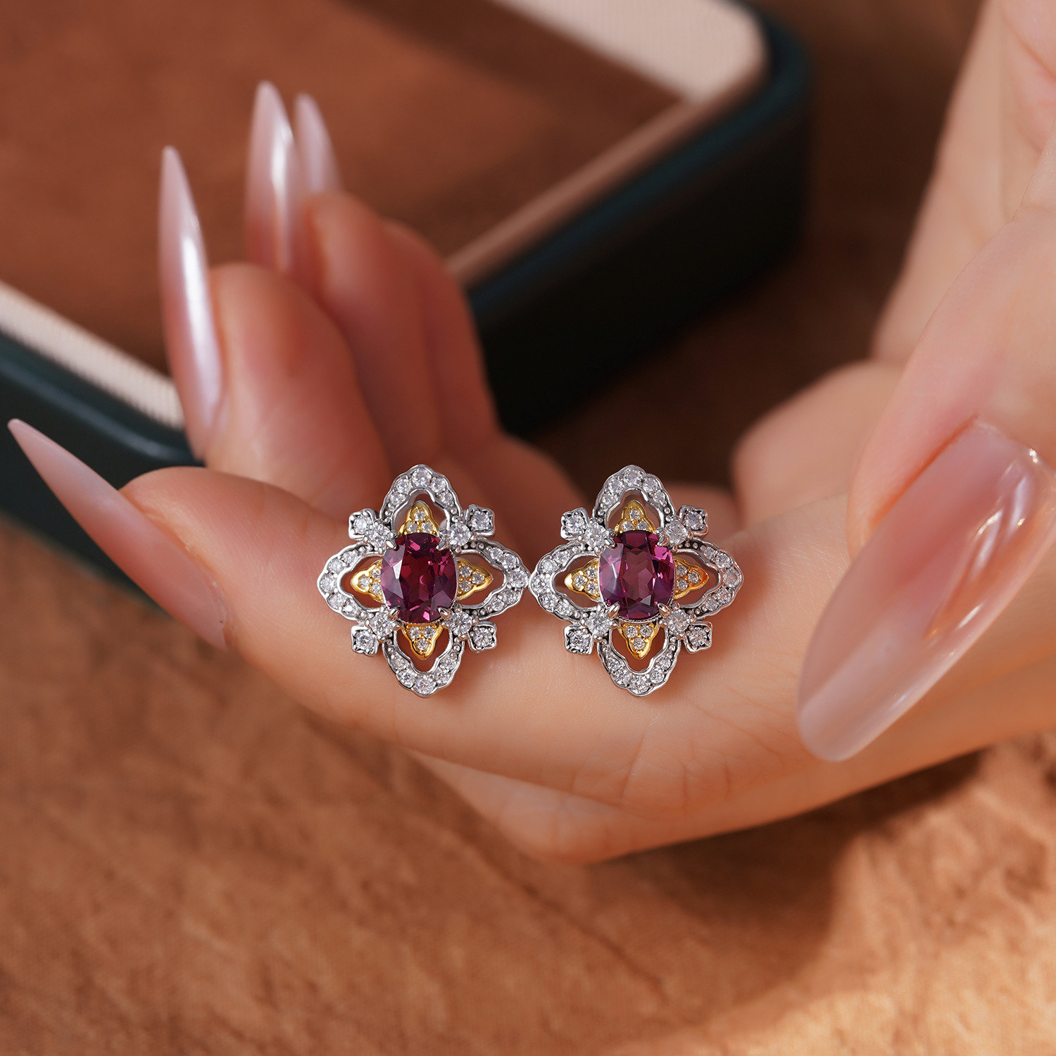 S925 Sterling Silver Earrings with Natural Pyrope Garnet and Gold Accents - Image 2