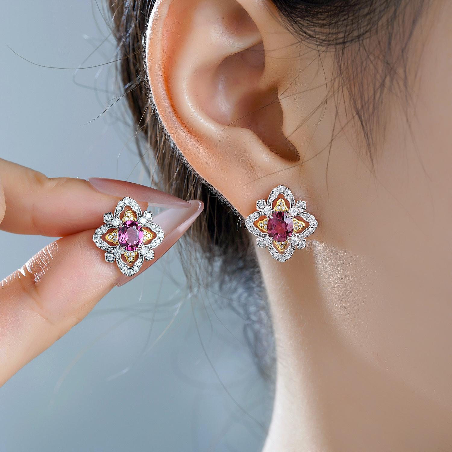S925 Sterling Silver Earrings with Natural Pyrope Garnet and Gold Accents - Image 3
