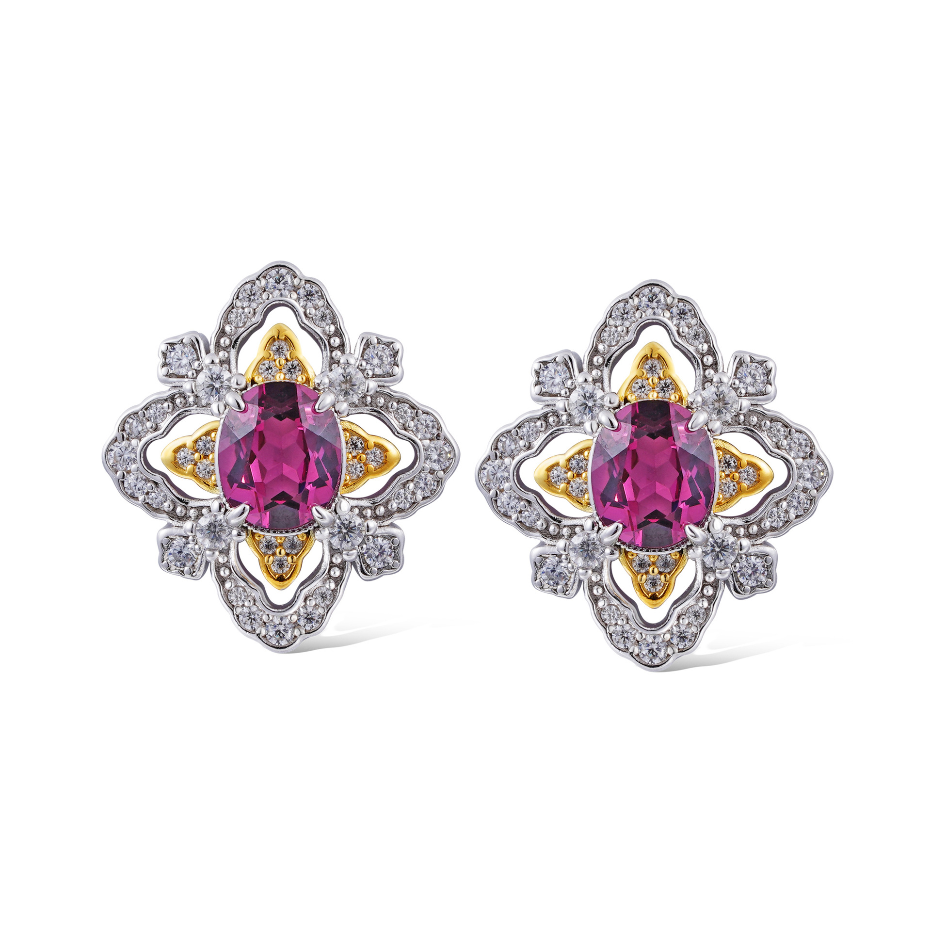 S925 Sterling Silver Earrings with Natural Pyrope Garnet and Gold Accents