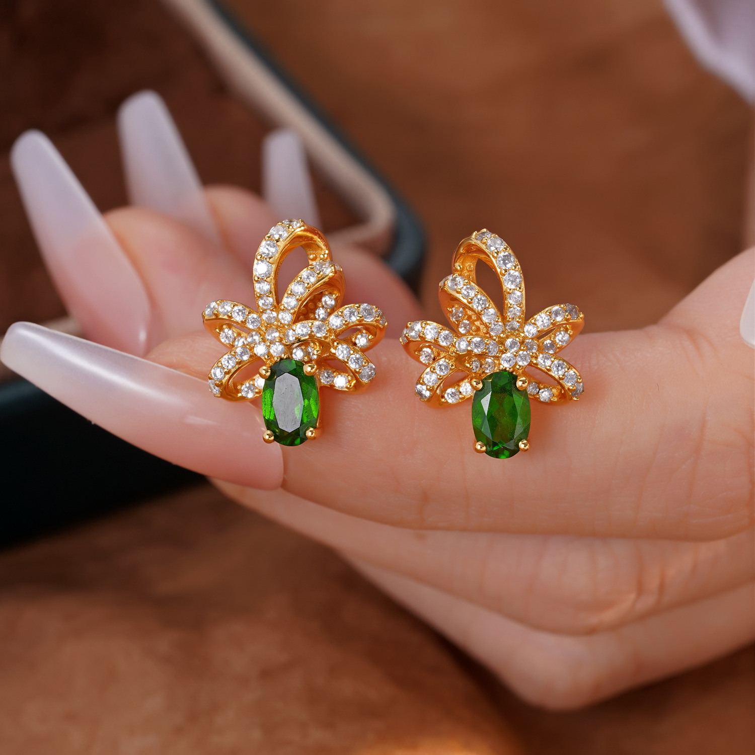 S925 Sterling Silver 18K Gold-Plated Earrings with Natural Diopside - Image 2