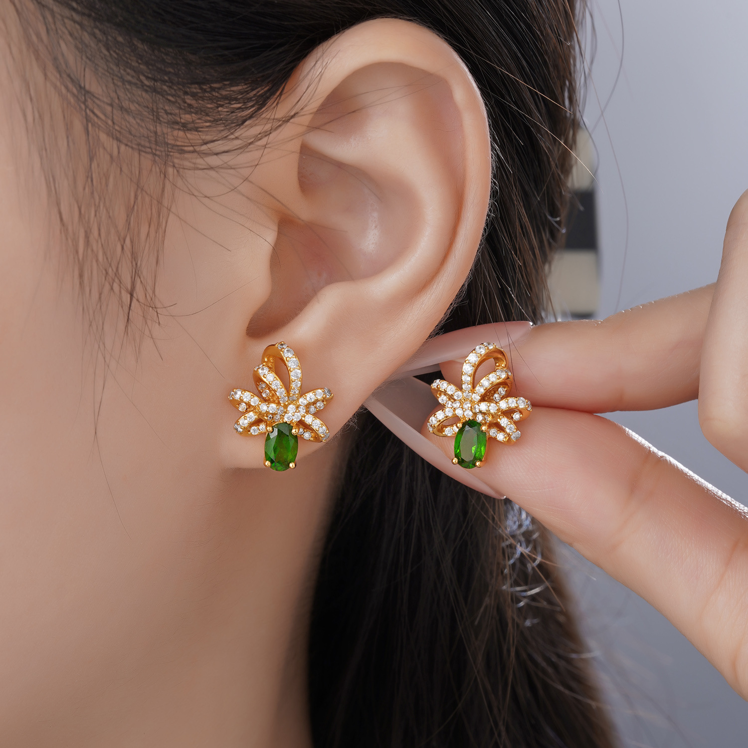 S925 Sterling Silver 18K Gold-Plated Earrings with Natural Diopside - Image 3