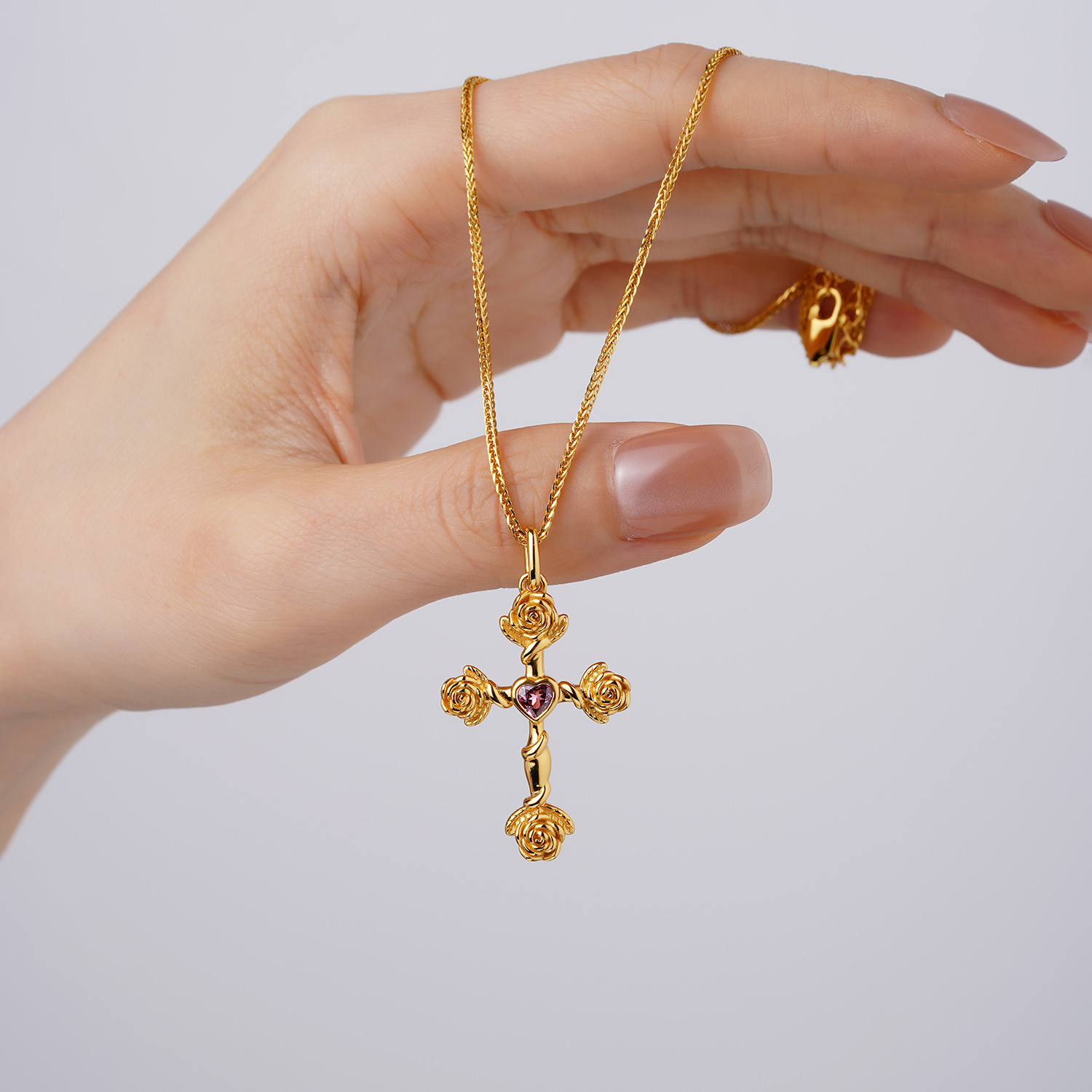 Italian Handcrafted European-Style Floral Cross Silver Necklace with Garnet - Image 4