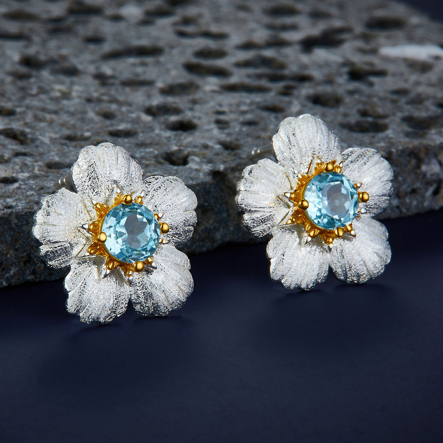 S925 Sterling Silver Hand-Set Natural Topaz Flower Earrings - Image 2